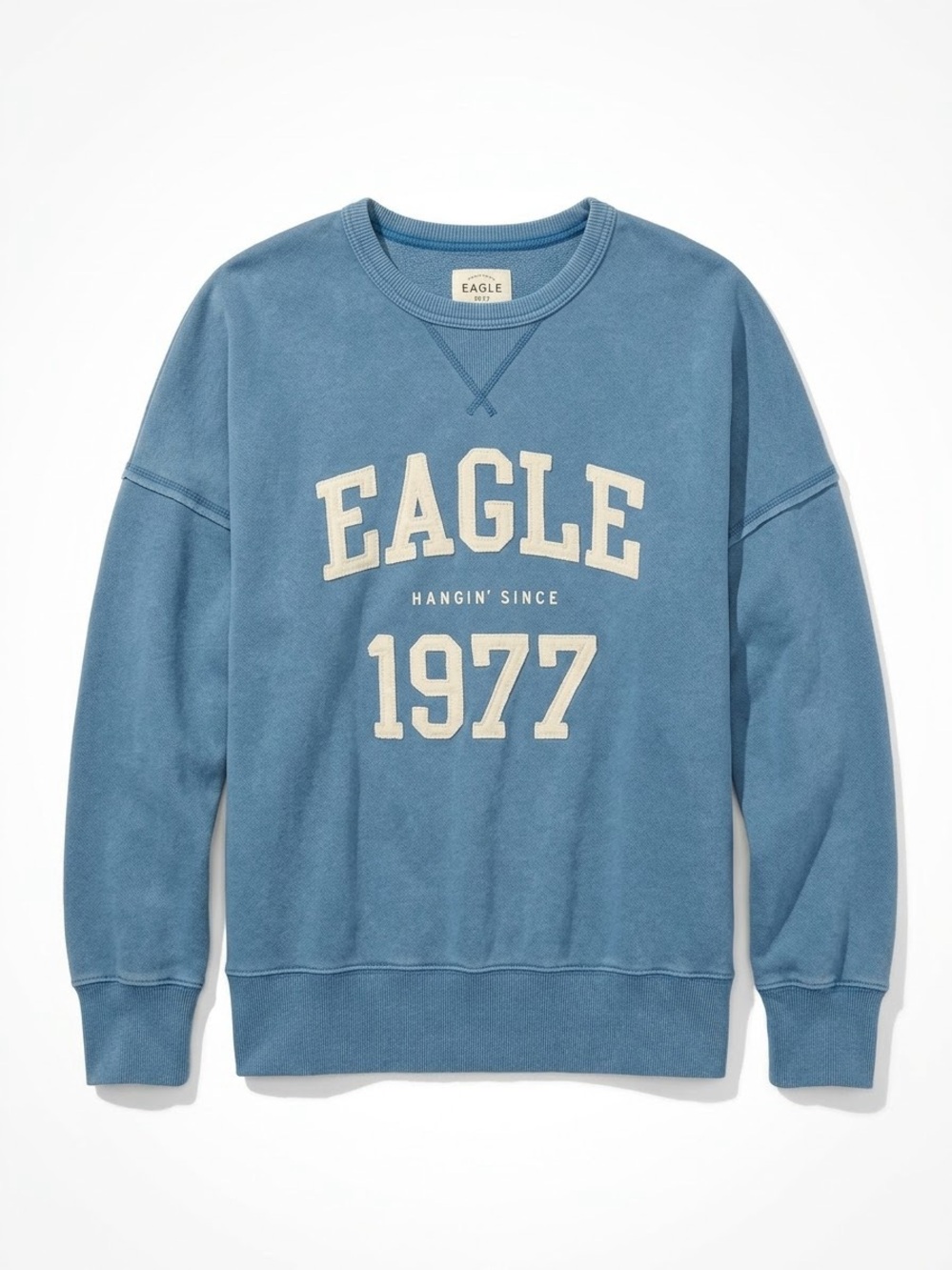 American Eagle Outfitters Blue Crewneck with Cream 'EAGLE 1977' Logo